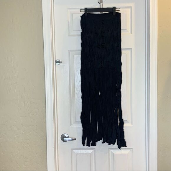 Zara Wrinkled Effect Maxi Skirt with Fringing Black Size Small - Picture 4 of 16